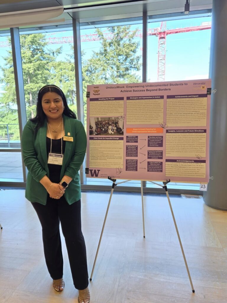 Itzel poses in front of their presentation at Spring Fest