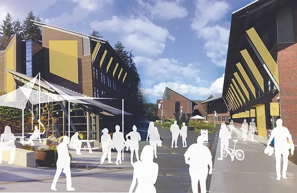 A visualization of the University of Washington Bothell campus Promenade.